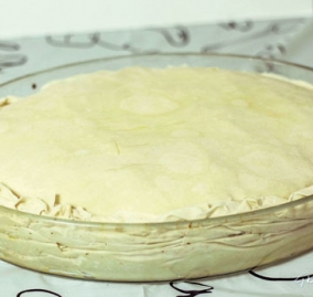 Ολοκληρώνουμε την συναρμολόγηση, διπλώνοντας τις άκρες των εξωτερικών φύλλων μέσα στο ταψί. Αλείφουμε όλη την επιφάνεια με λίγο λάδι και με τα δάχτυλα αλείφουμε και λίγο νεράκι από πάνω για να γίνει πιο τραγανή η κρούστα.